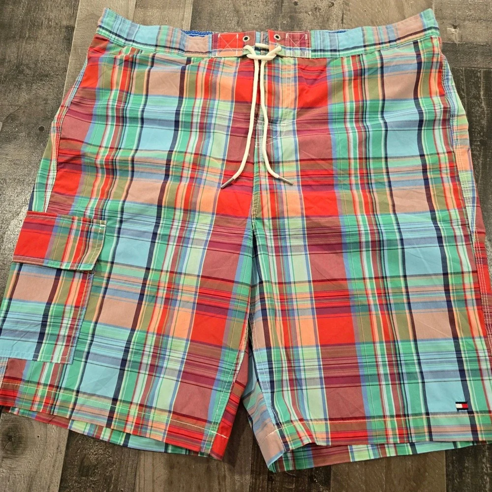 Vintage 2010s Tommy Hilfiger Madras Plaid Swim Trunks Board Shorts MeshLined XXL
